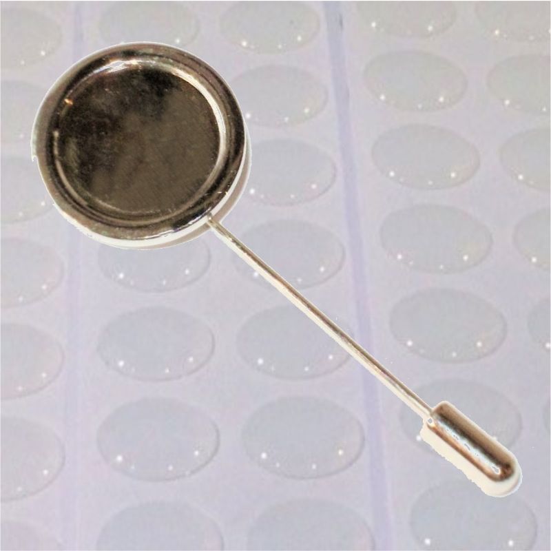 Stick Pin Blank 16mm Round Silver and clear dome